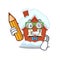 Winter house in the cartoon shape student holding pencil