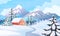 Winter house landscape. Rural scene with snowy mountains, spruce trees and wooden house. Vector winter holiday