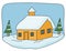 Winter house pine trees and snowy background clip art illustration