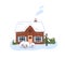 Winter house with snow on roof. Cozy wooden home in nature, smoke from chimney. Rural wood building in snowy cold