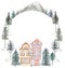 Winter House Wreath Illustration, Forest Frame Clipart, Watercolor Christmas Village, Fir tree, Snowy Town Wreath, Kids Holiday