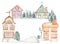 Winter House Wreath Illustration, Forest Frame Clipart, Watercolor Christmas Village, Fir tree, Snowy Town Wreath, Kids Holiday