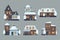 Winter houses. Cute buildings with season snow caps frozen urban architecture cold city vector flat collection