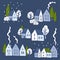 Winter houses with trees. Vector sketch  illustration