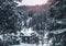 Winter houses on winter mountain landscape with white snowy spruces. Amazing view on snowcovered forested mountain slope.