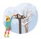 In Winter Hush, A Little Girl In A Cozy Scarf Delights In Feeding Chirping Birds At A Birdhouse, Vector Illustration