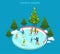 Winter ice staking rink sports family flat isometric vector 3d