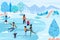 Winter ice staking rink sports happy people family activity. Mom dad son boy girl skaters fir tree