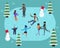Winter ice staking rink sports happy people family activity. Mom dad son boy girl skaters fir tree