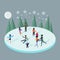 Winter ice staking rink sports happy people family activity. Mom dad son boy girl skaters fir tree