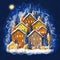 Winter illustration with Christmas houses, different warm colors, Christmas trees decorated for New Year`s Eve grow around