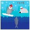 Winter illustration with cute fishing penguin