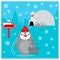 Winter illustration with cute penguin bought fish in supermarket