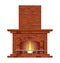 Winter interior bonfire. Fireplace made of bricks