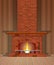 Winter interior bonfire. Fireplace made of bricks