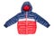 Winter jacket isolated. A stylish blue and red warm down jacket with red lining for the kids is isolated on a white background.