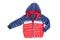 Winter jacket isolated. A stylish blue and red warm down jacket with red lining for the kids is isolated on a white background.