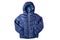 Winter jacket isolated. A stylish cosy warm blue down jacket for kids isolated on a white background. Fashionable clothing for