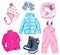 Winter kid\'s child\'s clothes set collage isolated.
