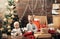Winter kids. Christmas card. Cute little kids celebrating Christmas. Joyful baby looking at camera in christmas at home