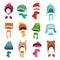 Winter kids hat. Warm childrens hats and scarves. Headwear and accessories for boys and girls cartoon vector set