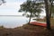 Winter Lake small boat in sand beach in Biscarrosse Landes 40 France