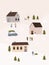 Winter landcape with cute houses, cars and people. Holiday concept for greeting card. Hand drawn vector illustration.