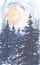 Winter landscape background. Watercolor painting, picture - forest, nature, tree. It can be used as logo, card