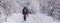 Winter landscape, banner - view of the snowy road with a walking hiker in the winter mountain forest