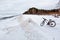 Winter landscape with a Bicycle on the frozen river. The Ob Rive