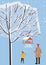 Winter landscape, bird feeder with feed, birds, dad with son stand near a tree covered with snow, vector, illustration