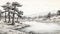 Winter Landscape: Black And White Drawing Of A Lake With Pine Trees