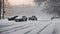 Winter landscape. Cars parking in the snow. Day after freezing .