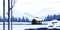 Winter landscape. Cartoon cabin house in snowy forest and mountains, minimal nature scenery panorama. Vector background