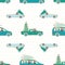 Winter landscape with cartoon reindeer, cars and Christmas trees. Seamless vector pattern in teal,gold and white on