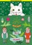 Winter landscape with cat and children and Christmas vector elements, snowflake and banner