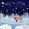 Winter landscape child hugs a deer Christmas night boy puts a scarf around the deer`s neck