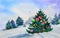 Winter landscape with a Christmas tree, original watercolor painting