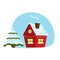 Winter landscape with cottage and fir-trees  illustration. Snowy country scene. Country cottage concept