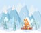 Winter landscape with country house, winter trees, spruces, mountains, snow in cartoon flat style