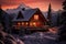 Winter landscape with cozy snowcapped cabin in mountains. Generative AI