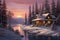 Winter landscape with a cozy wooden cabin among snow covered pine trees and a serene frozen lake under a vibrant sunset sky