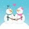 Winter landscape with cute snowmen. Vector illustration