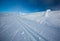 A winter landscape, decorated with cross country skiing trails.