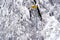 Winter landscape in detail, tree branches thickly covered with snow and yellow signposts with inscription hiking trail German lang
