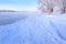 Winter landscape in the early morning overlooking the banks of the Volga River.