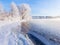 Winter landscape in the early morning overlooking the city of Dubna and the bridge over the Volga.