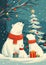 Winter landscape with family polar bears and Christmas tree. Christmas greeting card illustration