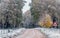 Winter landscape with first snow in the countryside fields with late autumn colors