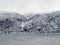 Winter landscape fjord sunrise sunset, Norway. Ferry Vangsnes to Balestrand